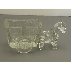 Glass Donkey Pulling Cart Toothpick Candy Holder Planter Clear Pressed Vintage